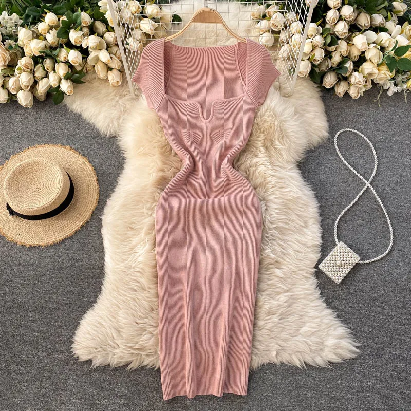 Croysier Spring Summer Short Cap Sleeve Knitted Sexy Bodycon Dress Back Slit Square Neck Casual Vintage Elegant Midi Dress Women