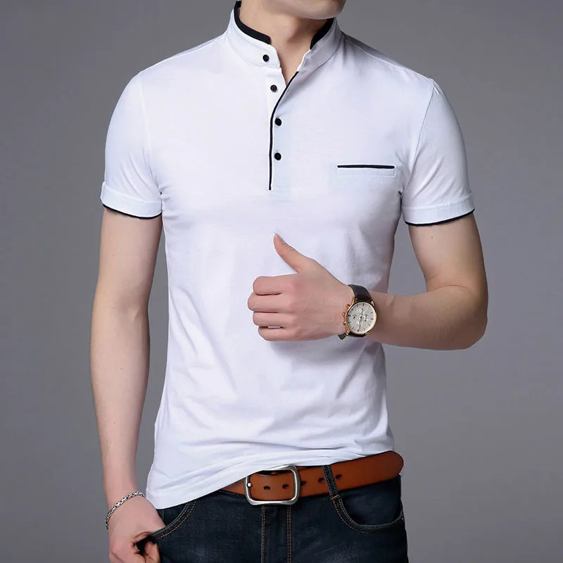New Summer Short Sleeve Men T Shirt Fashion Slim Fit Stand Collar Men\'s Tops Tees Cotton Business Casual Mens Clothing 2022