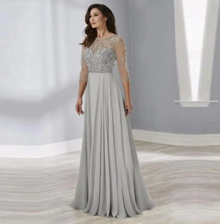 

2022 Latest Gray Beading Bodice Illusion O Neck Mother of the Bride Dresses With Three Quarter Sleeves Wedding Party Gowns Long