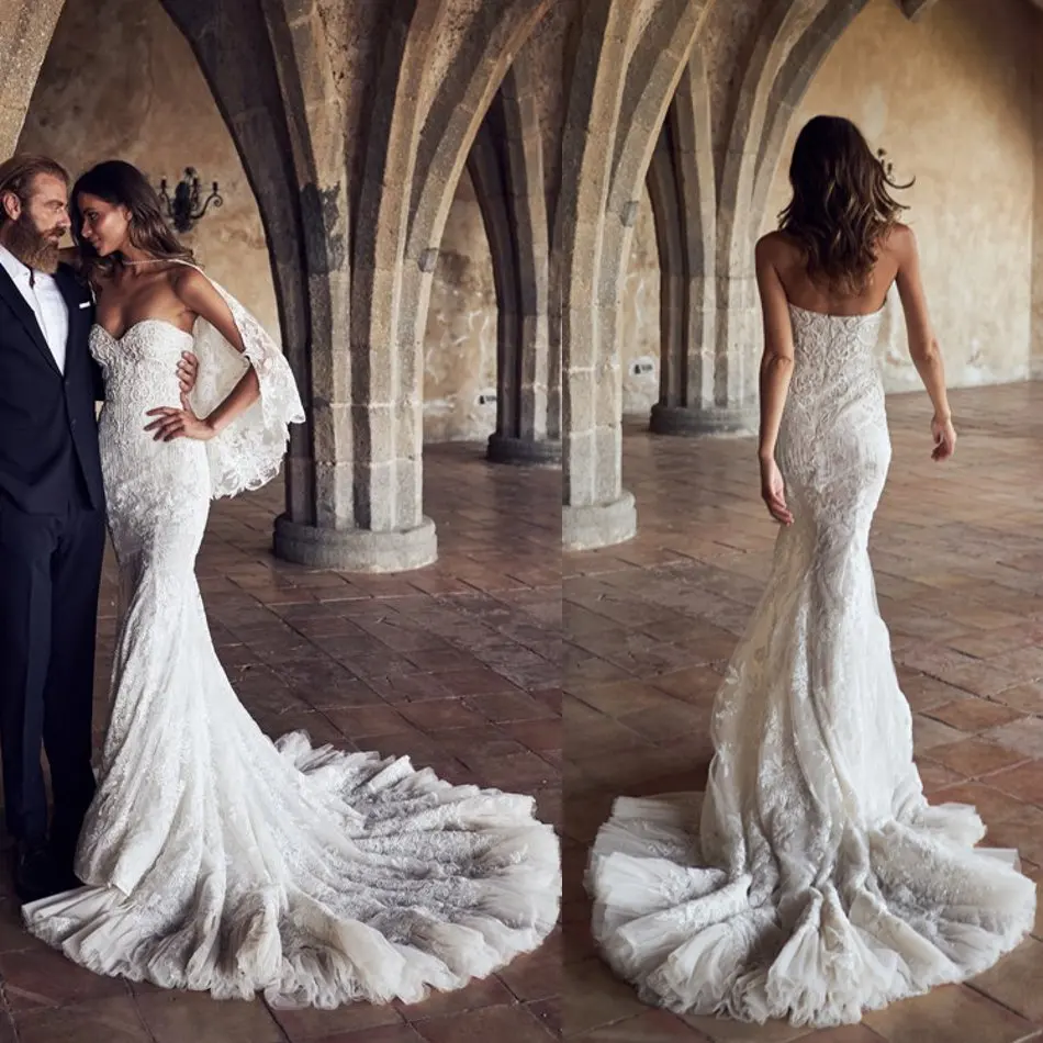 

Gorgeous 2020 Mermaid Wedding Dresses With Wrap Full Lace Appliqued Beads Sweetheart Backless Bridal Gowns Sweep Train