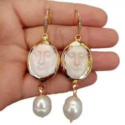 YYGEM Natural Cultured White Rice Pearl Pink sea shell FacialDangle Hook Earrings religious style for women
