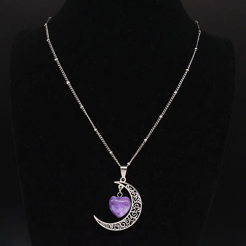 Witchcraft Witch Crescent Moon Stainless Steel Purple Crystal Chain Necklace Women Silver Color Necklace Jewelry collares N6327