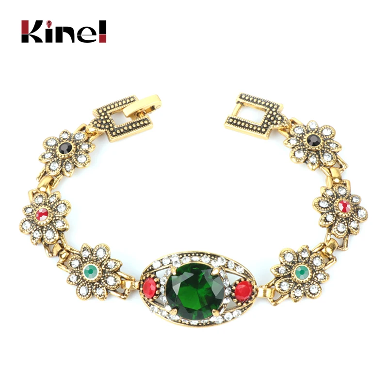 Kinel Luxury Green Stone Turkish Bracelets For Women Antique Gold Color Crystal Flower Boho Vintage Wedding Jewelry 2019 New