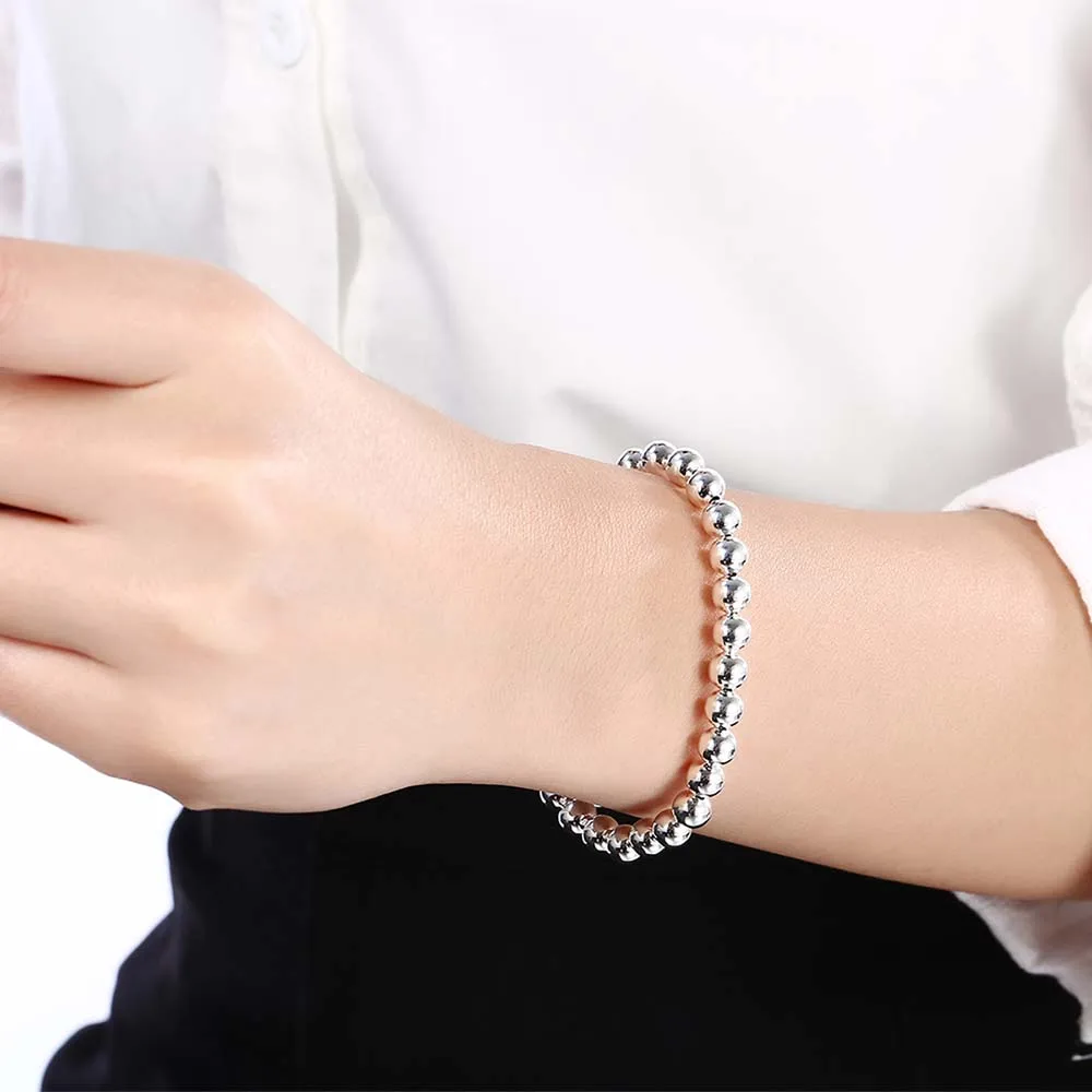 100% 925 Solid Real Sterling Silver Fashion 6mm Beads Chain Bracelet for Women 20cm For Teen Girls Lady Gift Women Fine Jewelry