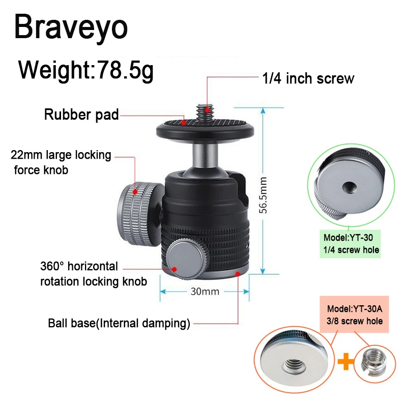 Mini Ballhead 360 Degree Rotation Panoramic Shooting 30mm Ball Diameter 1/4 or 3/8 Screw Hole Aluminum Material Tripod Head