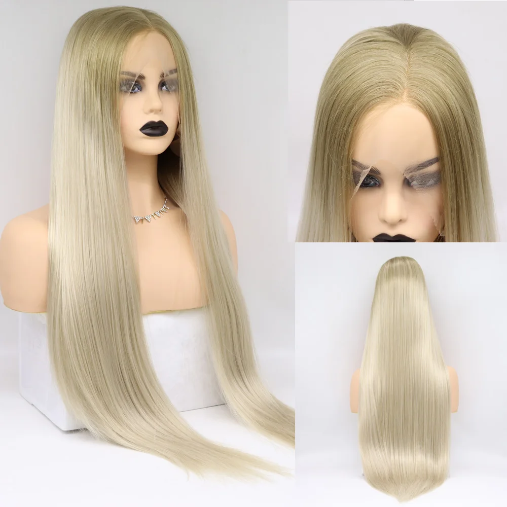 Sylvia Ombre Blonde Glueless Lace Front Wigs 2 Tone Color Brown Roots side Part Long Straight Heat Resistant Synthetic womenHair