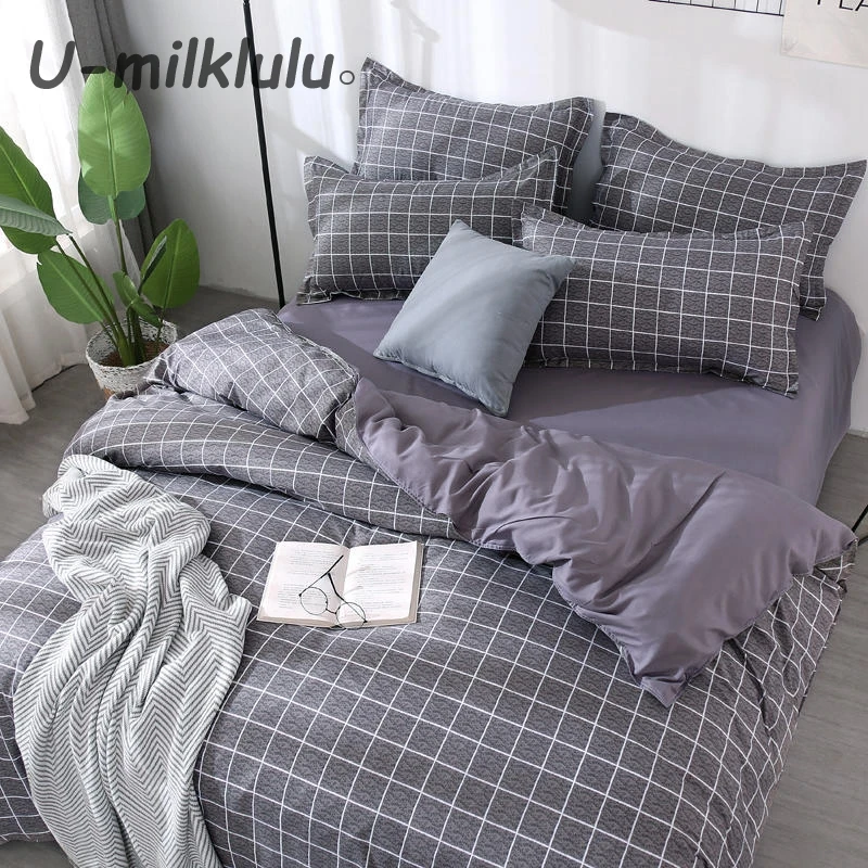 Grid Printed Bedding Set, Nordic Sheet Set, Solid Color Duvet Cover, Single, Double, Queen, King Size Elastic Pillowcases, 4Pcs