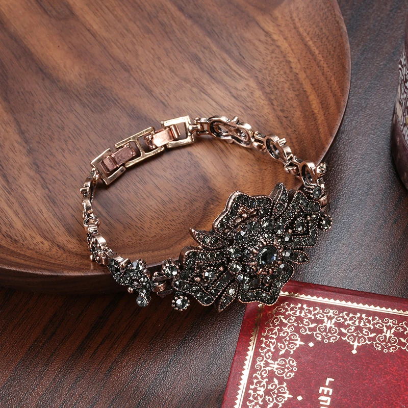 Unique Inlay Gray Crystal Vintage Bracelets for Woman Antique Gold Color Boho Style Ethnic Bride Wedding Bangles Elegant Jewelry