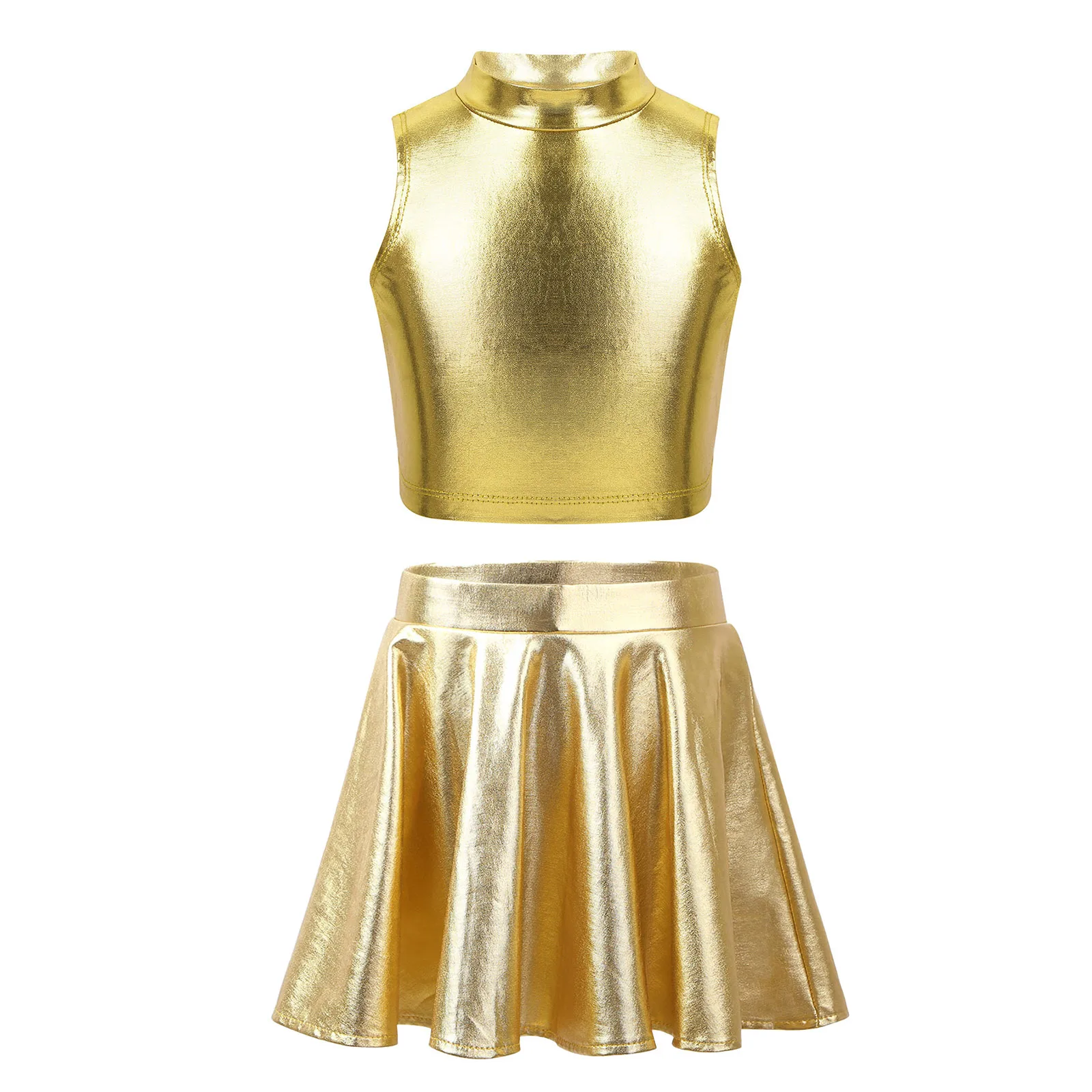 

Fashion Metallic Jazz Dance Costume Girls Kids Sleeveless Turtleneck Tank Tops Flared Pleated Mini Skirt Set Street Dancewear