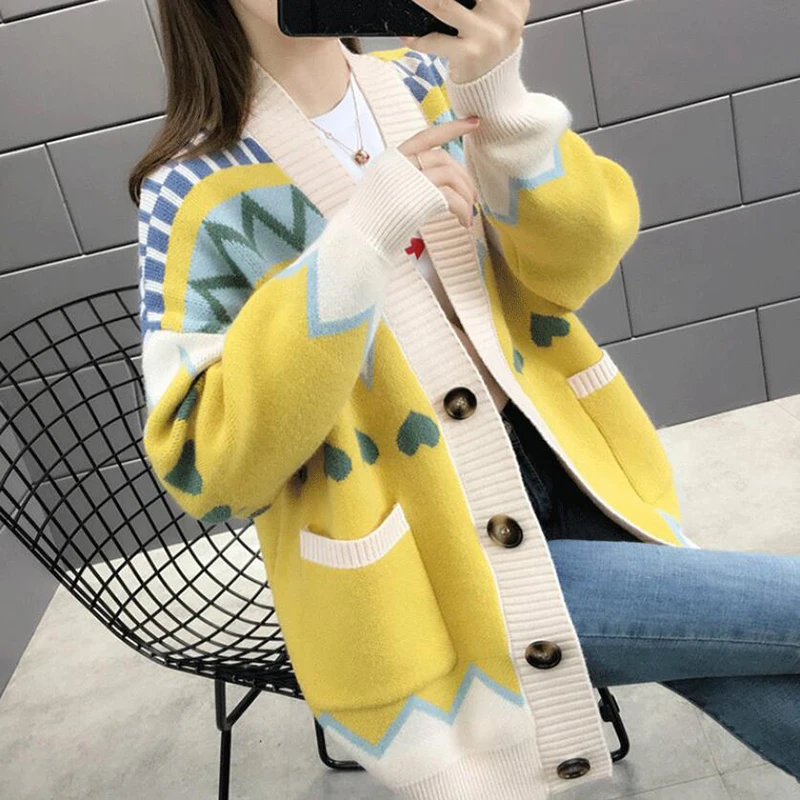 

Women Cardigan 2020 New Fashion Autumn Long Sleeve Loose Knitted Sweater Cardigans Coat V neck Heart print Female knit Tops