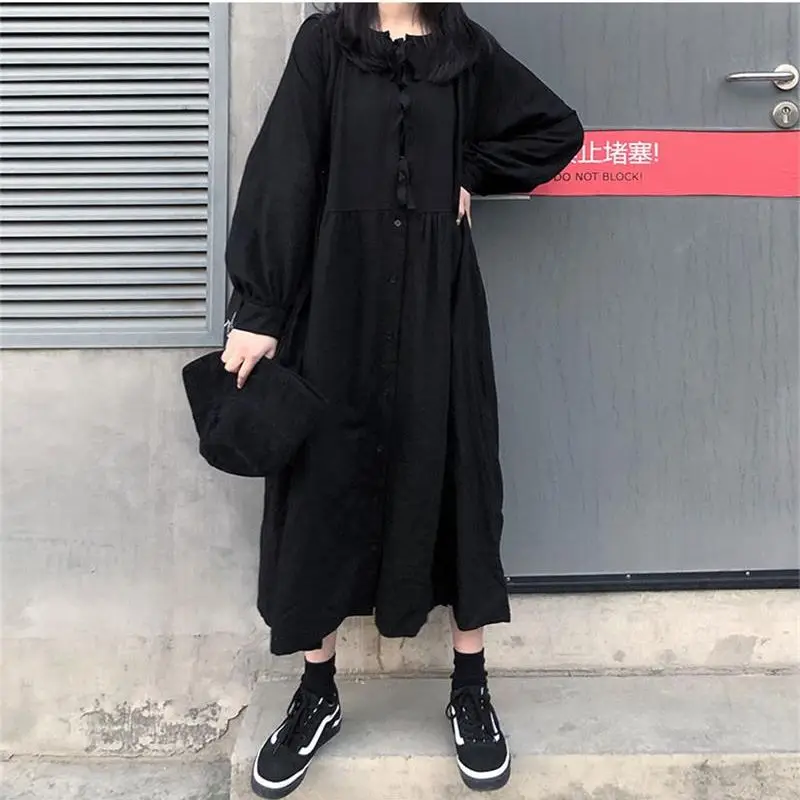 

Ladies Long Sleeve Dress Casual Dress Spring And Autumn New Round Collar Solid Color Single Breasted Retro Loose Fashion Skirt