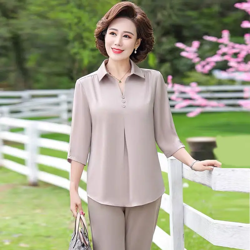 Elegant solid Chiffon shirt Women Fashion casual puls size 7XL Three Quarter blue tops ladies 2021 new summer loose Mom blouse