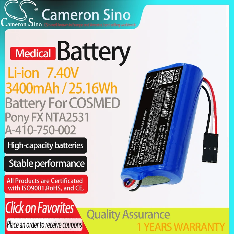 CameronSino Battery for COSMED Pony FX NTA2531 fits COSMED A-410-750-002 Medical Replacement battery 3400mAh/25.16Wh 7.40V Blue