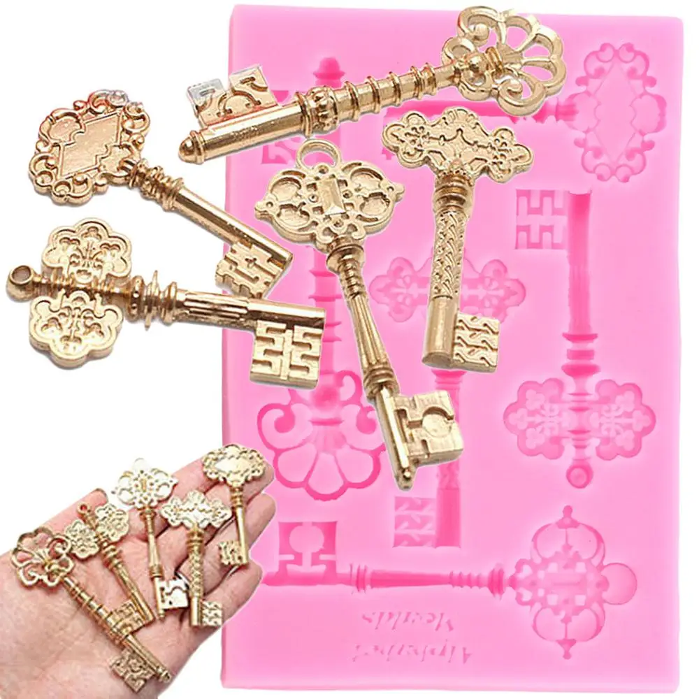 3D Vintage Key Frame Silicone Mould Cupcake Topper Fondant Cake Decorating Tools Candy Clay Chocolate Gumpaste Moulds