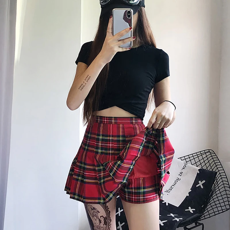 

Vintage Red Plaid Pleated Skirt Women Y2k Mini High Waist Kawaii Skirt Female 2021 New Summer College Style Tennis Short Skirts