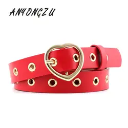 Women Belt 2020 New Peach Heart Buckle Fashionable All around Needle Belt Love Hollow Decoration Eyelet Red Yellow Black Coffee
