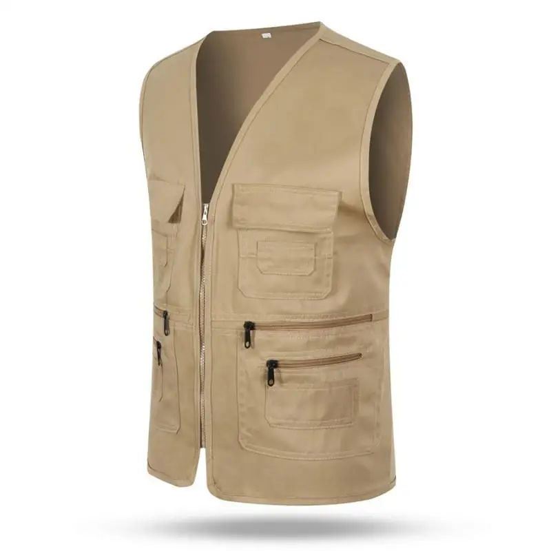 New Vest Men Casual Sleeveless Cargo Jacket Multi Pocket Waistcoat Fashion Outdoor Vest Solid Color Zipper Vests Mens Clothing