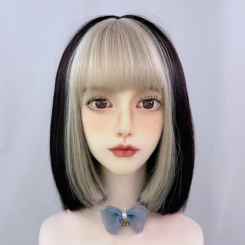 GAKA Short Straight Bob Synthetic Hair Gold Black Cosplay Wig Women Lolita Summer Color Highlighting Gradient With Bangs Dyed