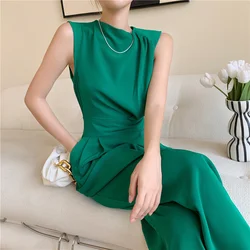 Macacão verde elegante feminino, roupa bandagem sem mangas, cintura alta, calça de pernas largas, macacão, macacão, feminino, verão, macacão