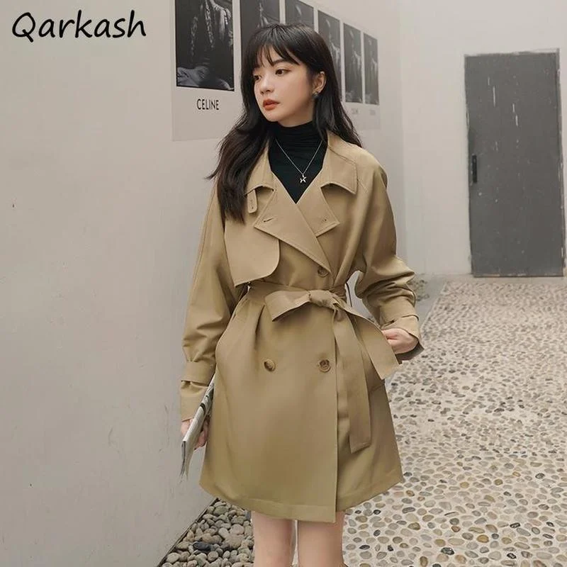 

Trench Women Solid Classic Double Breasted Elegant French Style Outwear Feminino Loose Autumn Windbreaker Simple Temperament New