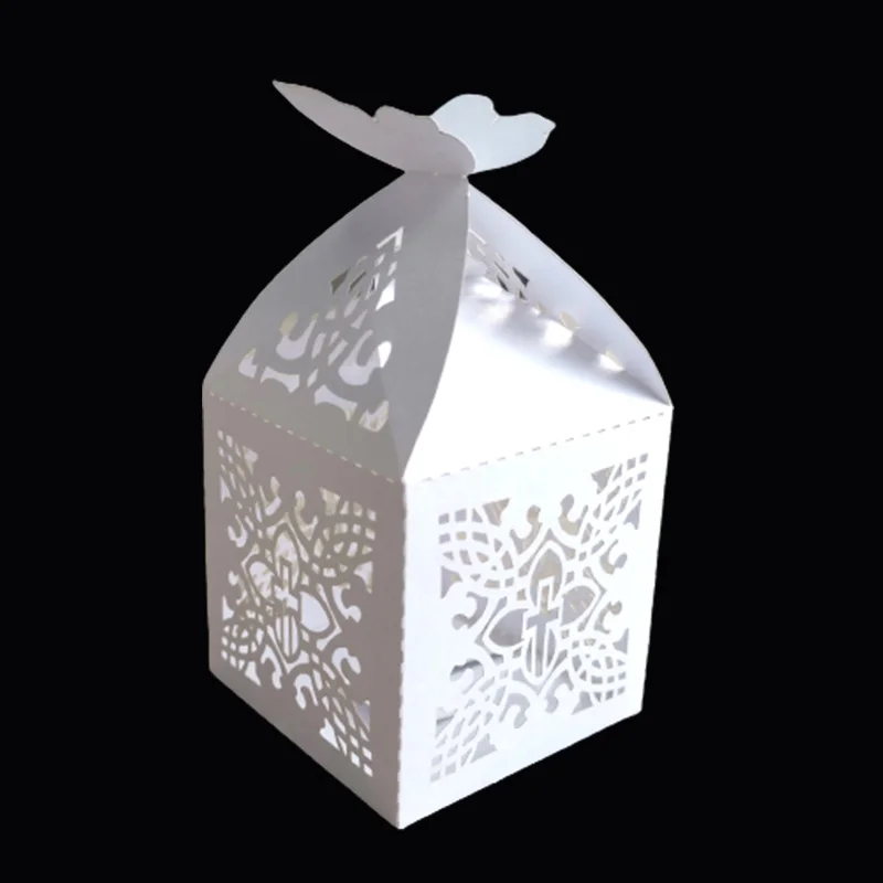 

100Pcs Cross Flower Laser Cut Wedding Bridal Favors Gifts Box Religious Candy Boxes With Ribbon Baby Shower Wedding Party Decor