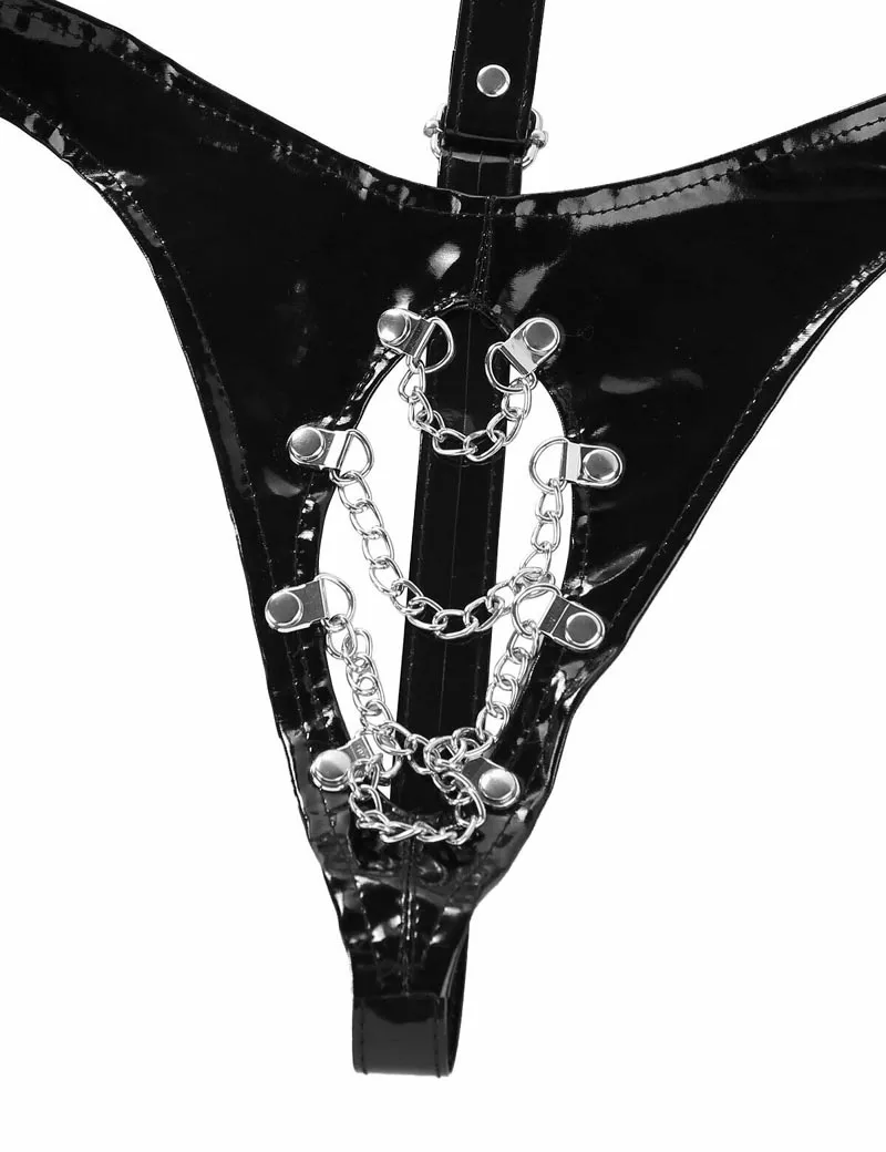 Женское Эротическое нижнее белье из лакированной кожи с открытыми бретелями и металлическими цепочками