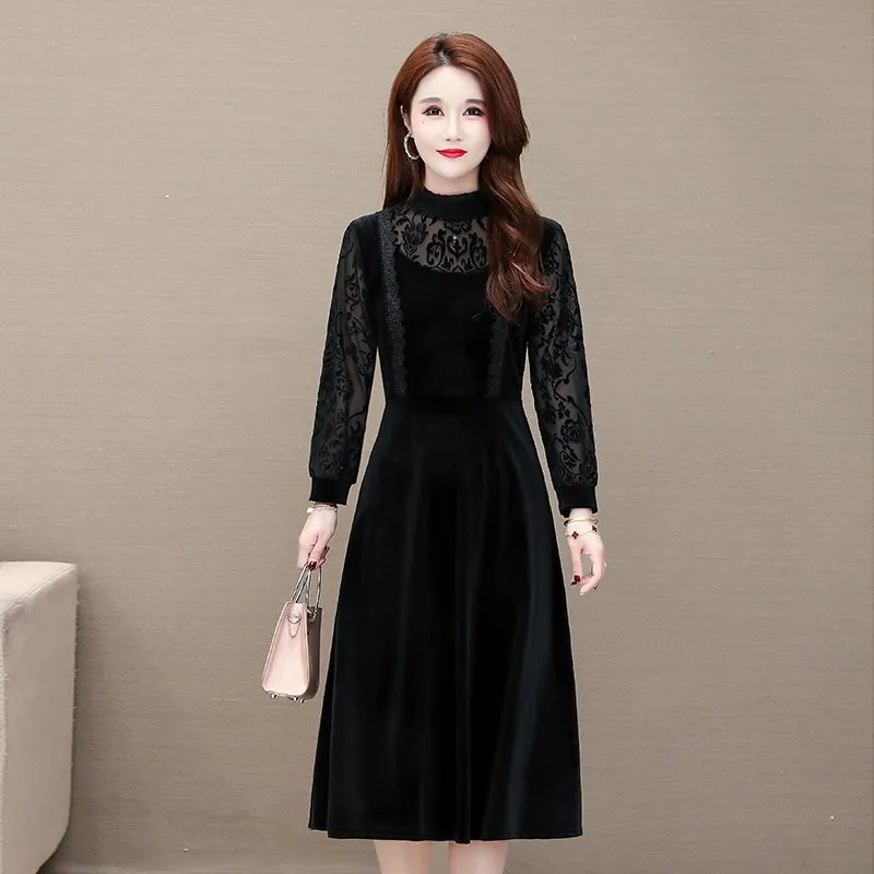 Retro Palace Style Hollow Out Black Velour Dress Office Lady Sexy Slim Elegant OL Work Wear NEW Chic abito lungo da donna a vita alta