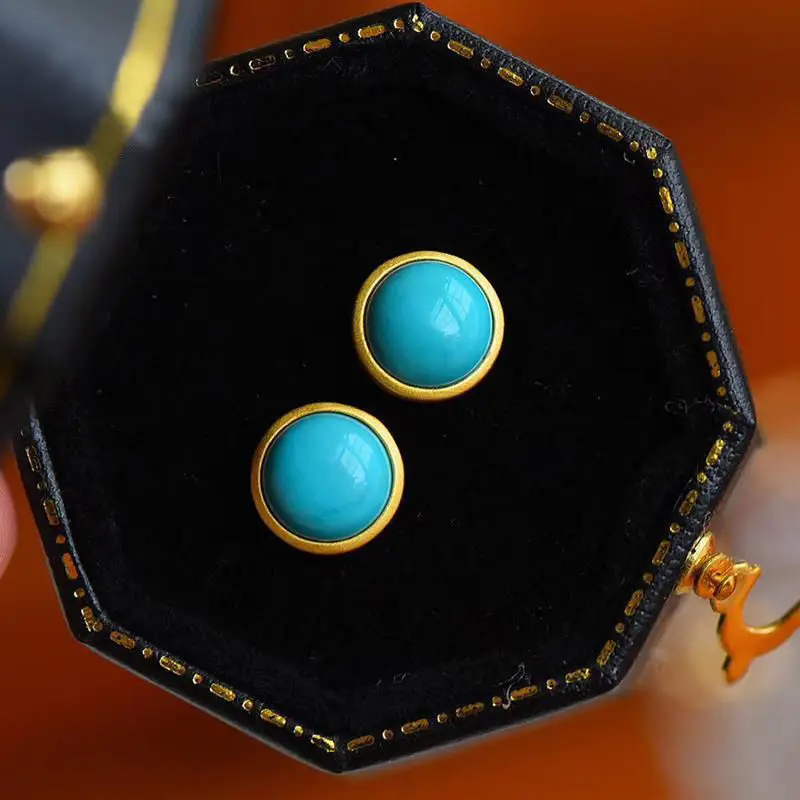 Original New Silver Inlaid Turquoise Round Earrings retro cool charm sand gold craft light luxury women\'s brand jewelry