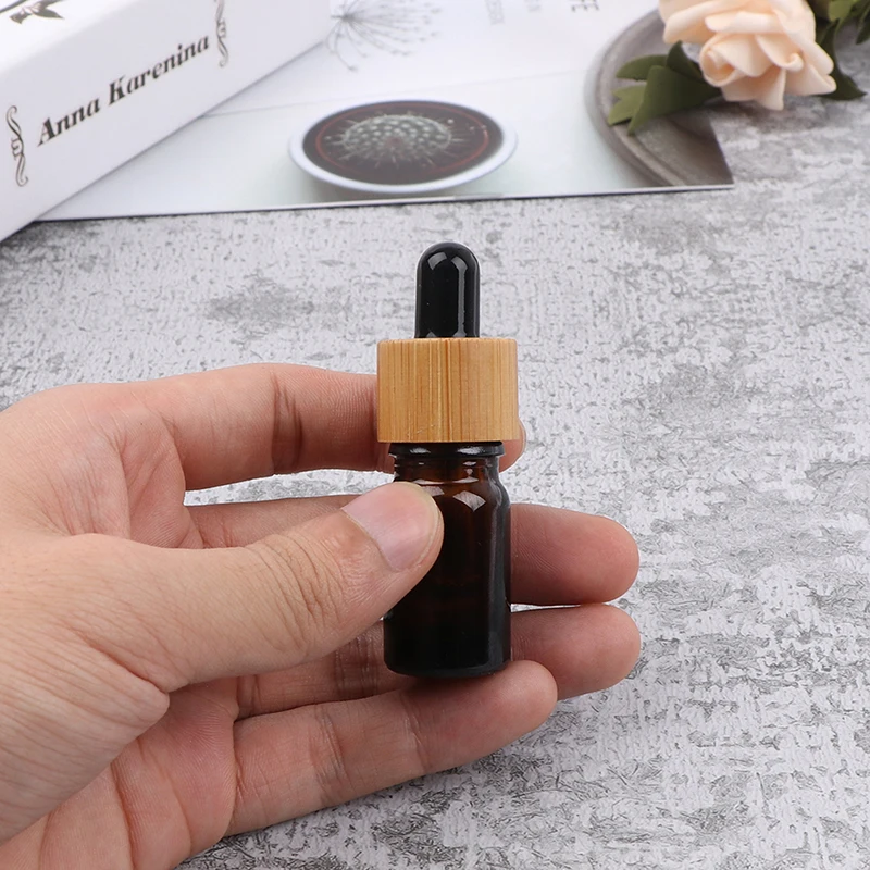 

6pcs Bamboo Cap Amber Glass Dropper Bottles Aromatherapy Liquid serum 1oz essential basic massage oil Pipette Refillable