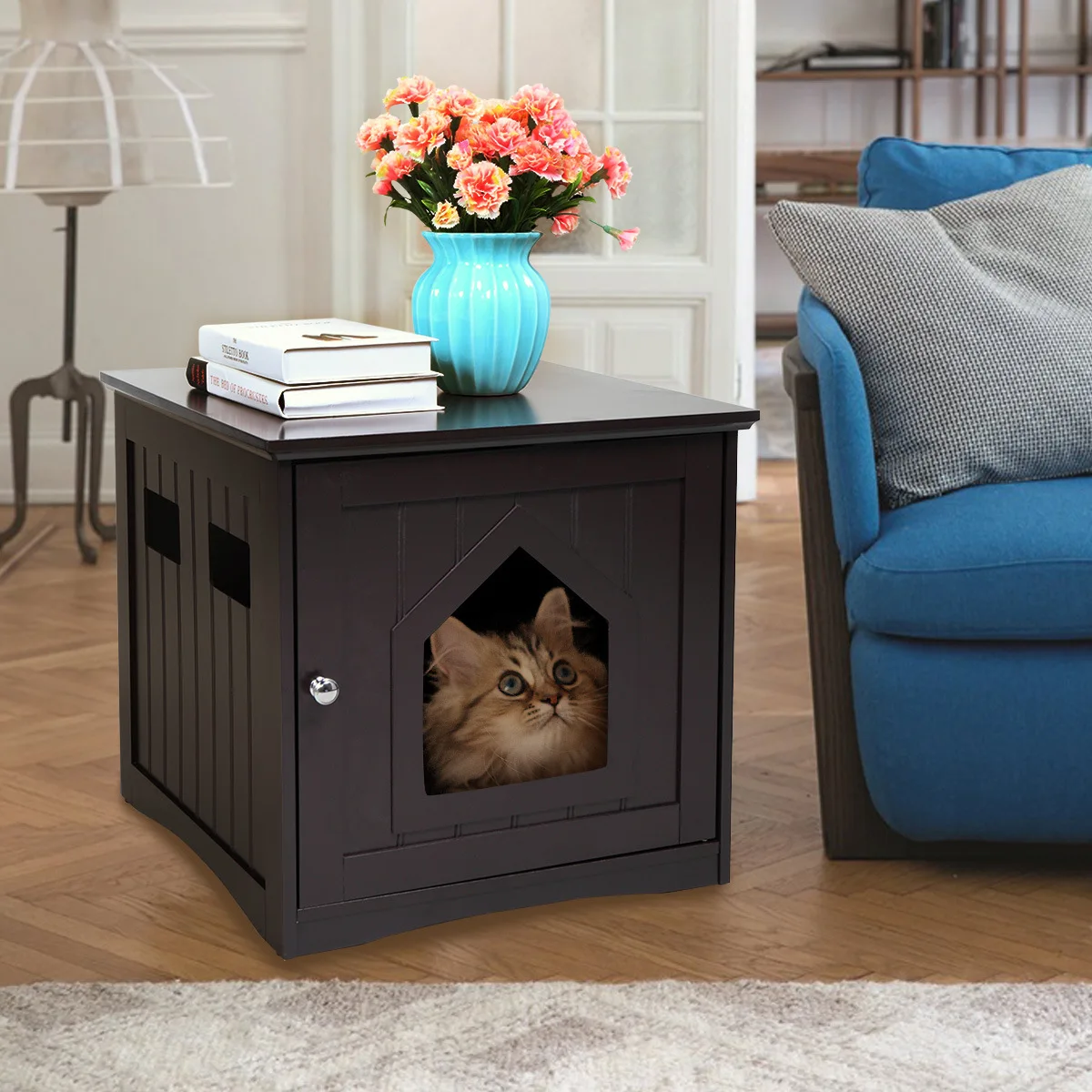 Two Colors Cat Litter Box Enclosure Cabinet Cat Washroom Storage Bench Side Table  for Living Room Bedroom Bathroom  US