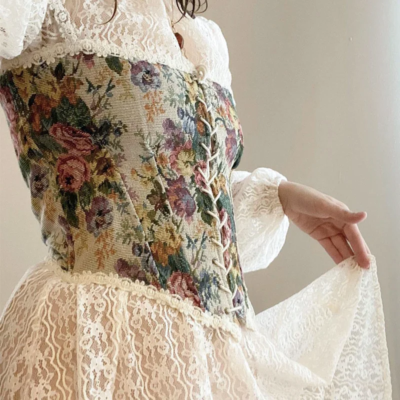 Vintage Floral Print Corset Flounce Irregular Suspender Cummerbunds Women Sexy Bodycon Boat Neck Jacquard Camisole