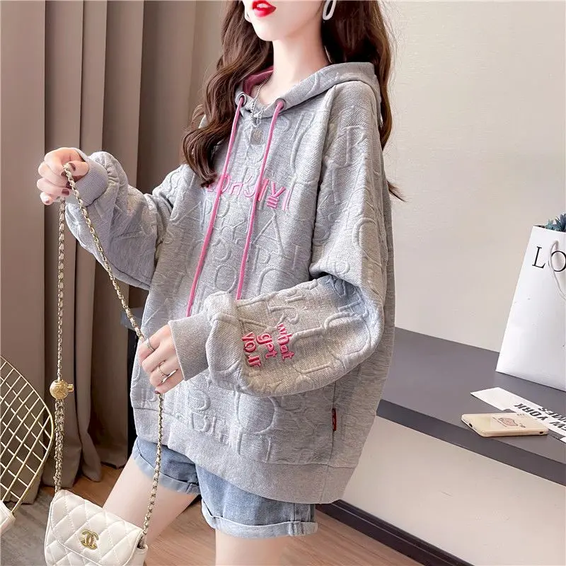 Autumn New Embroidery Hoodies Womens Fashion Loose Large Size Hoodie Korean Trendy Thin Long-sleeved Versatile Hooded Sweatshirt