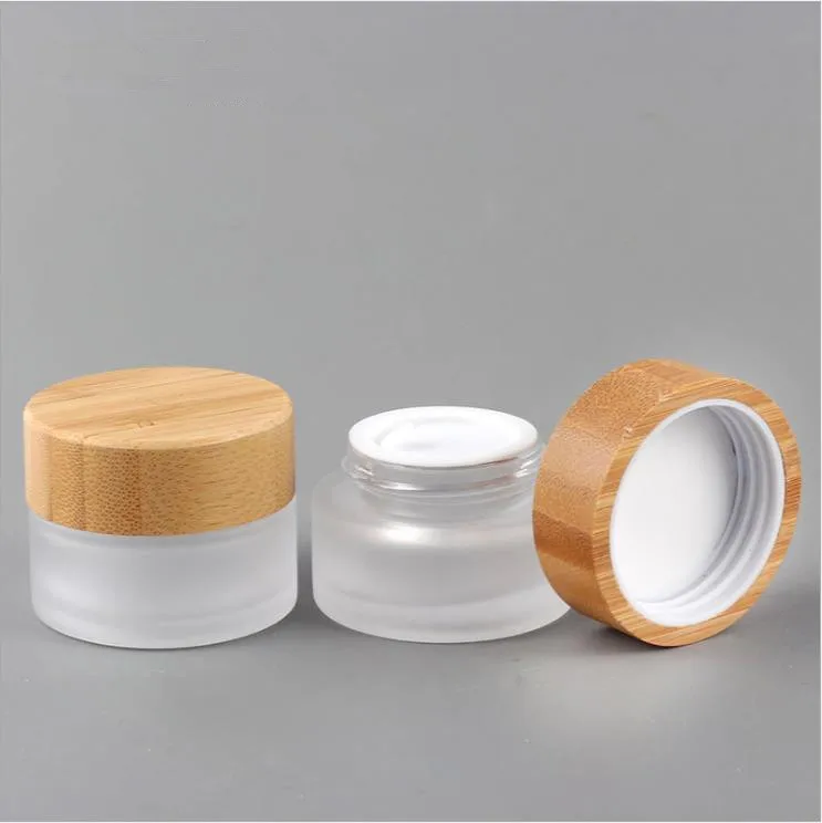 

Recycled Frosted Glass Jars Natural Bamboo Cosmetic Packaging glass jar with bamboo lid