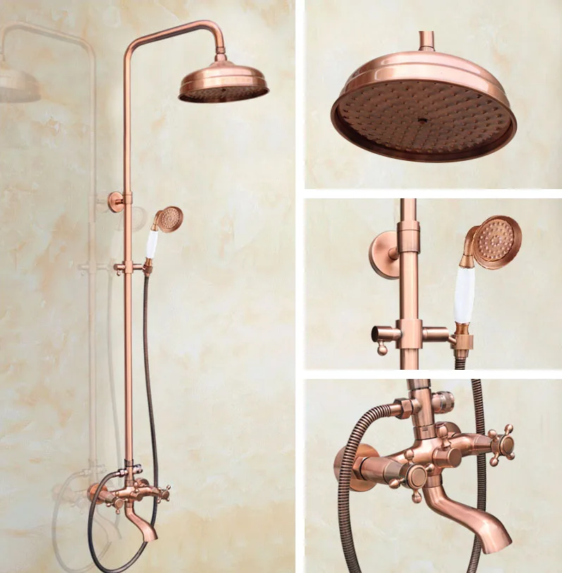 

Antique Red Copper Brass Dual Cross Handles Bathroom 8 Inch Round Rain Shower Faucet Set Tub Mixer Tap Hand Shower mrg514