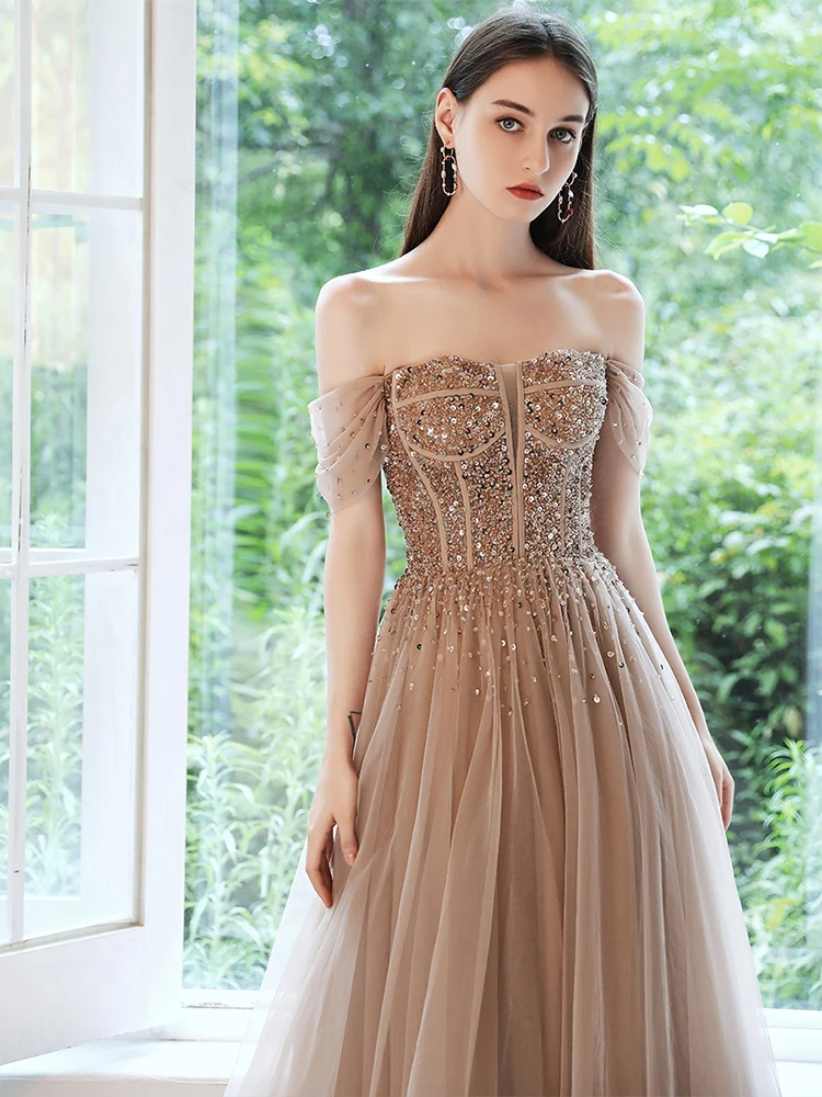 Light Luxury Formal Evening Dresses Off The Shoulder A-Line Sequin Banquet Gown French Fish Bone Slim Long Ball Gown