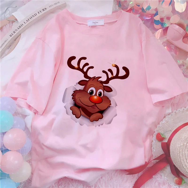 

Women Kawaii reindeer Printed Short Sleeve Summer Clothing Fashion Clothes Merry Christmas Tee Top Tshirt Female Graphic T-shirt