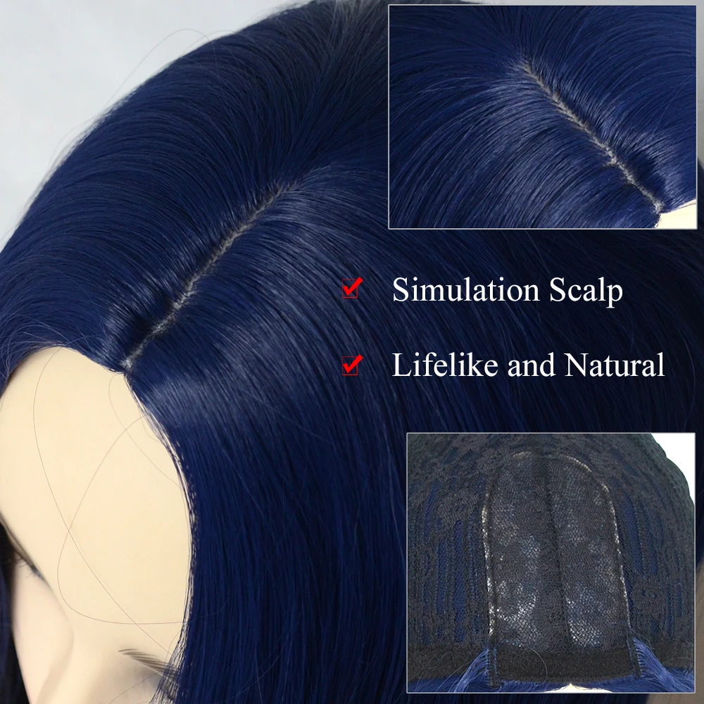 Voguequeen Dark Blue Straight Synthetic Wigs Full Machine Made Wigs Heat Resistant Fiber Cosplay For Women