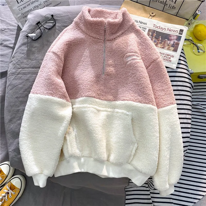 Winter Polar Fleece Apricot Blue Girly Clothes Women Sweatshirt Harajuku Embroidered Letters Thank You Loose Female Pullover