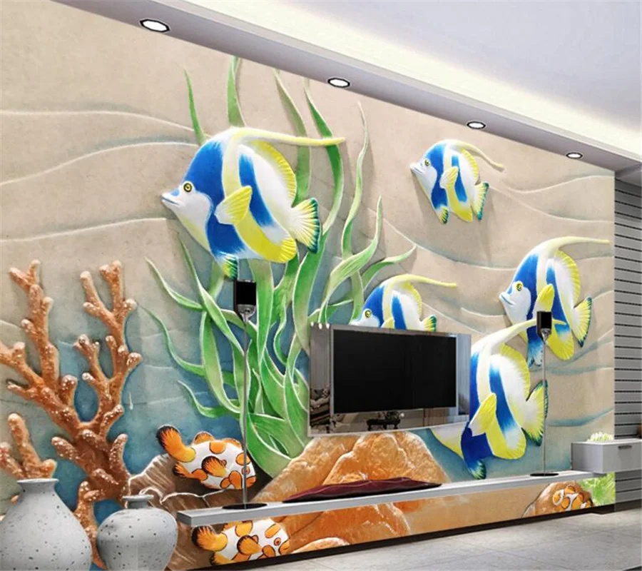 wellyu Customized large mural wallpaper 3d seaside relief goldfish seaweed coral sofa living room background wallpaper