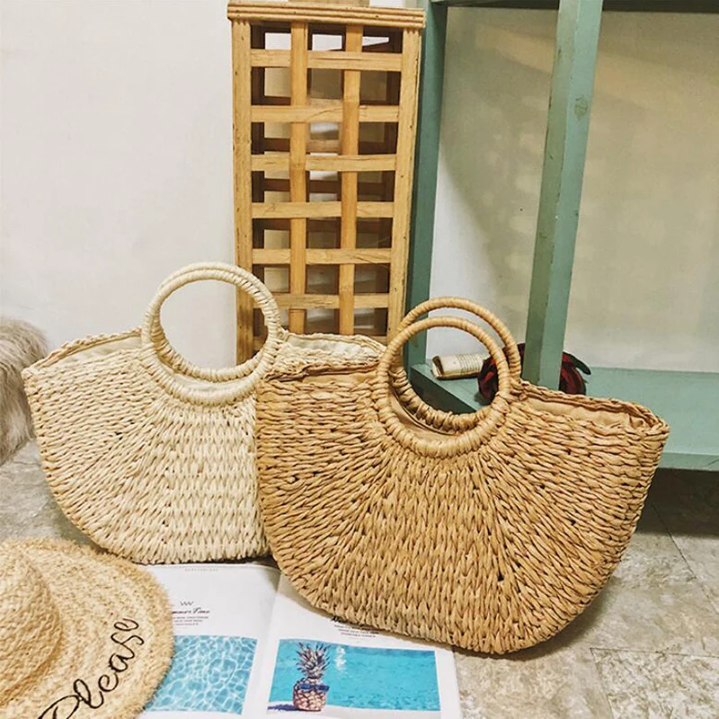 

2024 New Summer Handmade Bags Women Pompon Beach Weaving Ladies Straw Bag Wrapped Beach Bag Moon shaped Bag