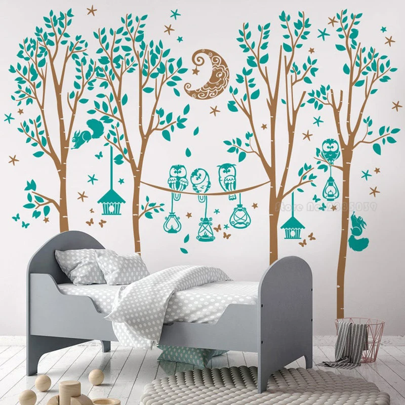 Owl Moon Squirrel Trees Wall Sticker Vinyl Decal For Kids Teen Room Nursery Wall Decor Living Room Tree Art Fine Wallpaper LL911