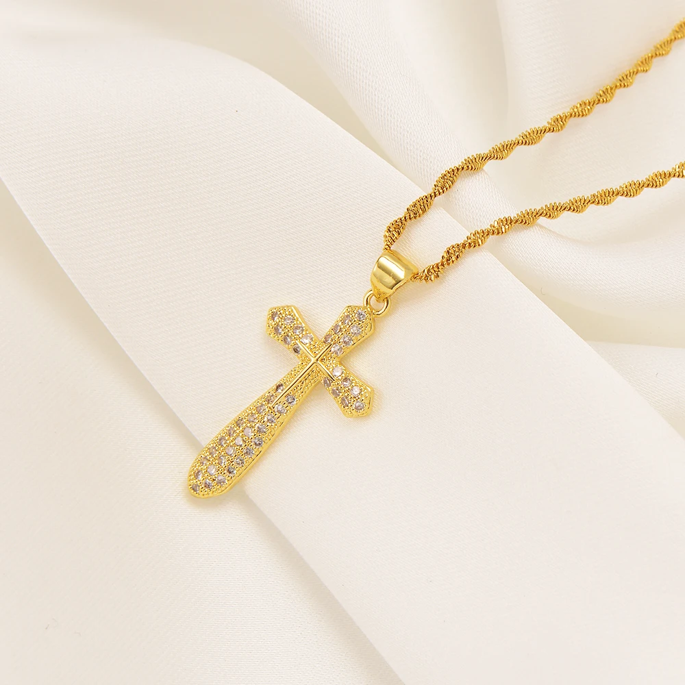 Fashion Zircon Jewelry Accessories Gold Color Exquisite Cross Pendant Necklace High Quality African Arab Jewelry Gifts