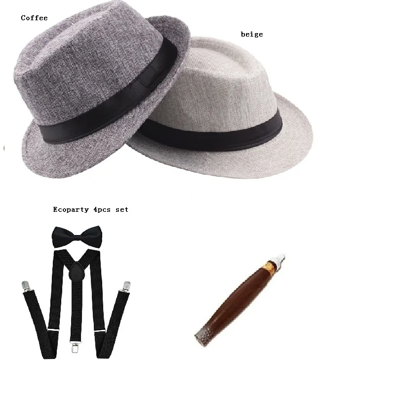 MENS GANGSTER PANAMA HAT TIE CIGAR 1920\'S MAFIA ADULT FANCY DRESS COSTUME