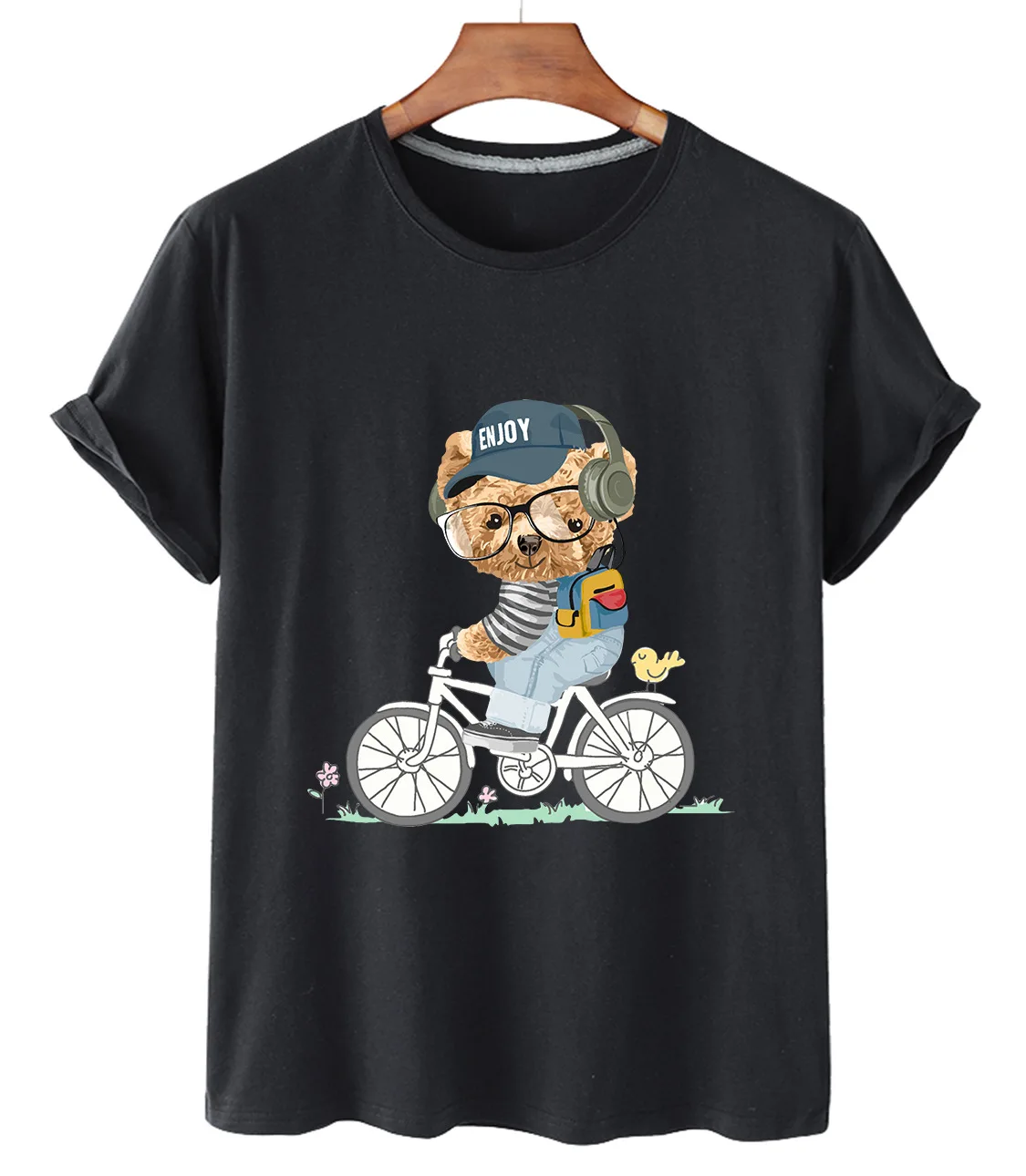 

Bicycle Look Back Bear Print Cotton Short-sleeved O-neck Loose Casual Top T-shirt Women Oversized T-shirt Men And Women S-3xl