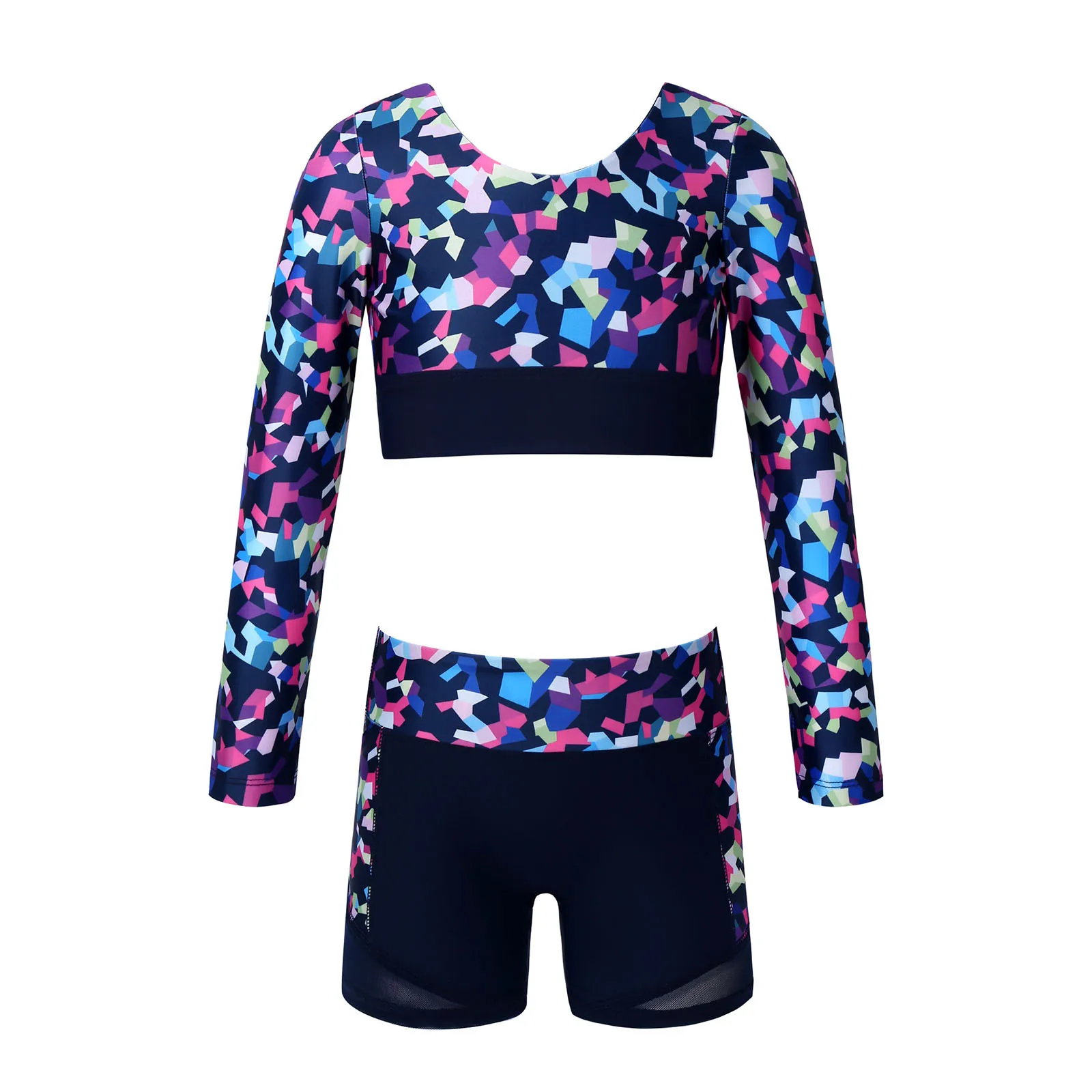 

Colorful Kids Girls Gym Sport Suit Yoga Fitness Dance Short Sets Long Sleeve Fish Scale Print Crop Top High Waist Sport Bottoms