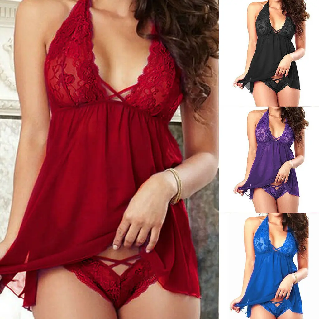 Womens Stain  Nightwear Underwear G-string Babydoll Sleepwear Robe Dress