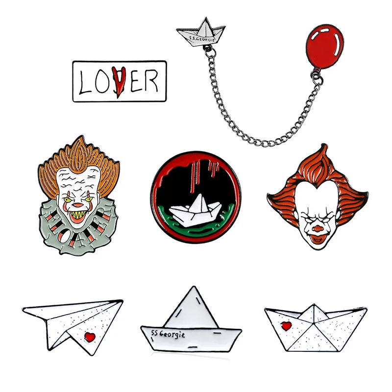 Horrible movie Joker Brooches Stephen King's SS Georgie Enamel Pins Paper Plane Boat Red Balloon chain Brooch Jewelry For fans