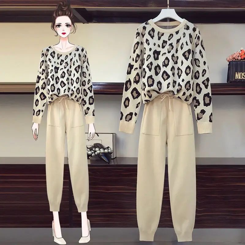 

Leopard Knitted Sweater and Ankle-Length Pants 2 Piece Set Women