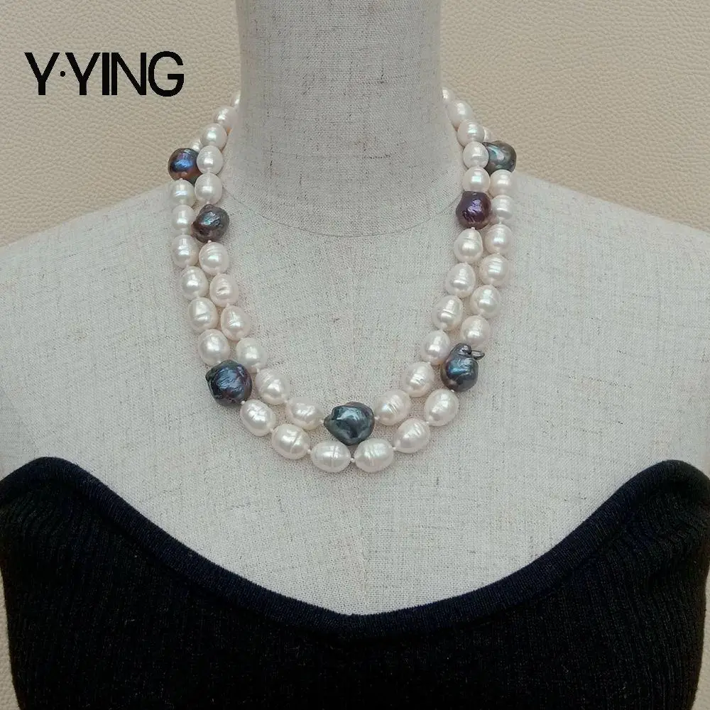 

Y·YING 2 Rows 14mm Cultured Black Keshi Pearl White Rice Pearl choker Necklace For luxury Women Jewelry