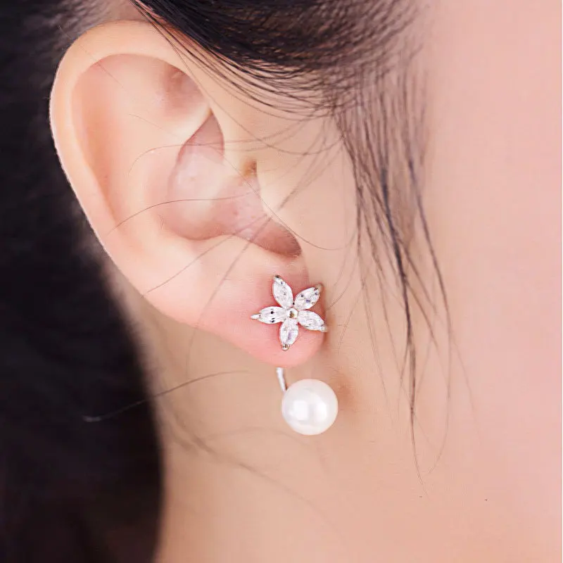 HUAMI 18K Plated Gold Flower Stud Earrings Pearl Cartilage Shell Pomegranate Red White Jewelry for Women Hanging Oorbellen Goud